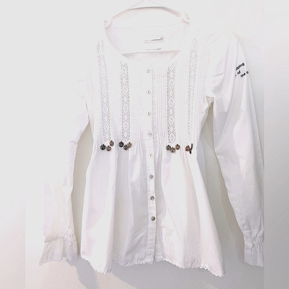 Anthropologie "Odd Molly" White Cotton Lace Blouse with Coin/Ribbon Detail Small